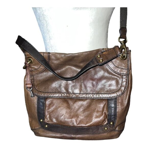 FOSSIL Brown Distressed Leather Large Crossbody Folding Handbag - Picture 1 of 16